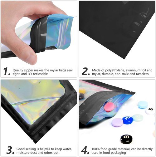 Funfery 100 Pcs Black Holographic Mylar Packaging Bags - Resealable Odor Proof Foil Pouches (4x6 In) | Ideal for Food, Snacks, Jewelry, and More