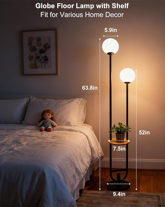 63IN 2-Globe Floor Lamp Dimmable Tall Standing Lamps with Table 3000K Warm White Unique Vintage Modern Mid Century Floor Lamp with 5Lbs Heavy Base for Living Room-Black