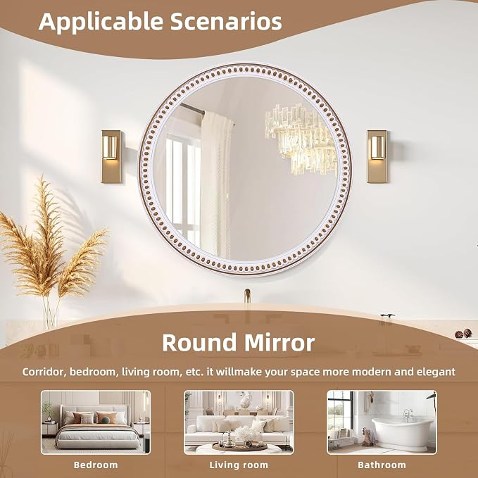 HOITUZYUS 24 Inch Wooden Rustic Farmhouse Round Mirror for Wall Decor | Circle Decorative Mirrors for Bathroom Over Sink, Entryway, Living Room, Bedroom, Hallway