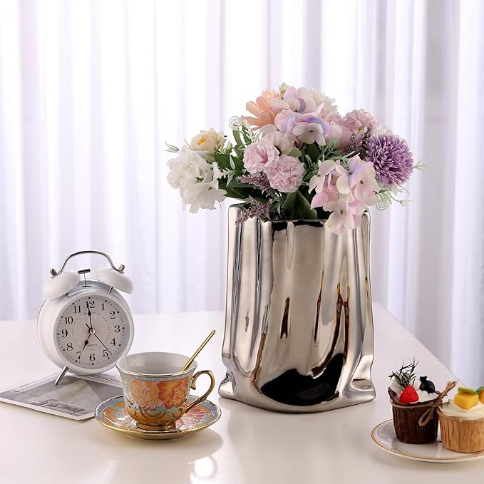 VanEnjoy Large Silver Vase - Wide Mouth, Ceramic Silver Vases for Home Decor