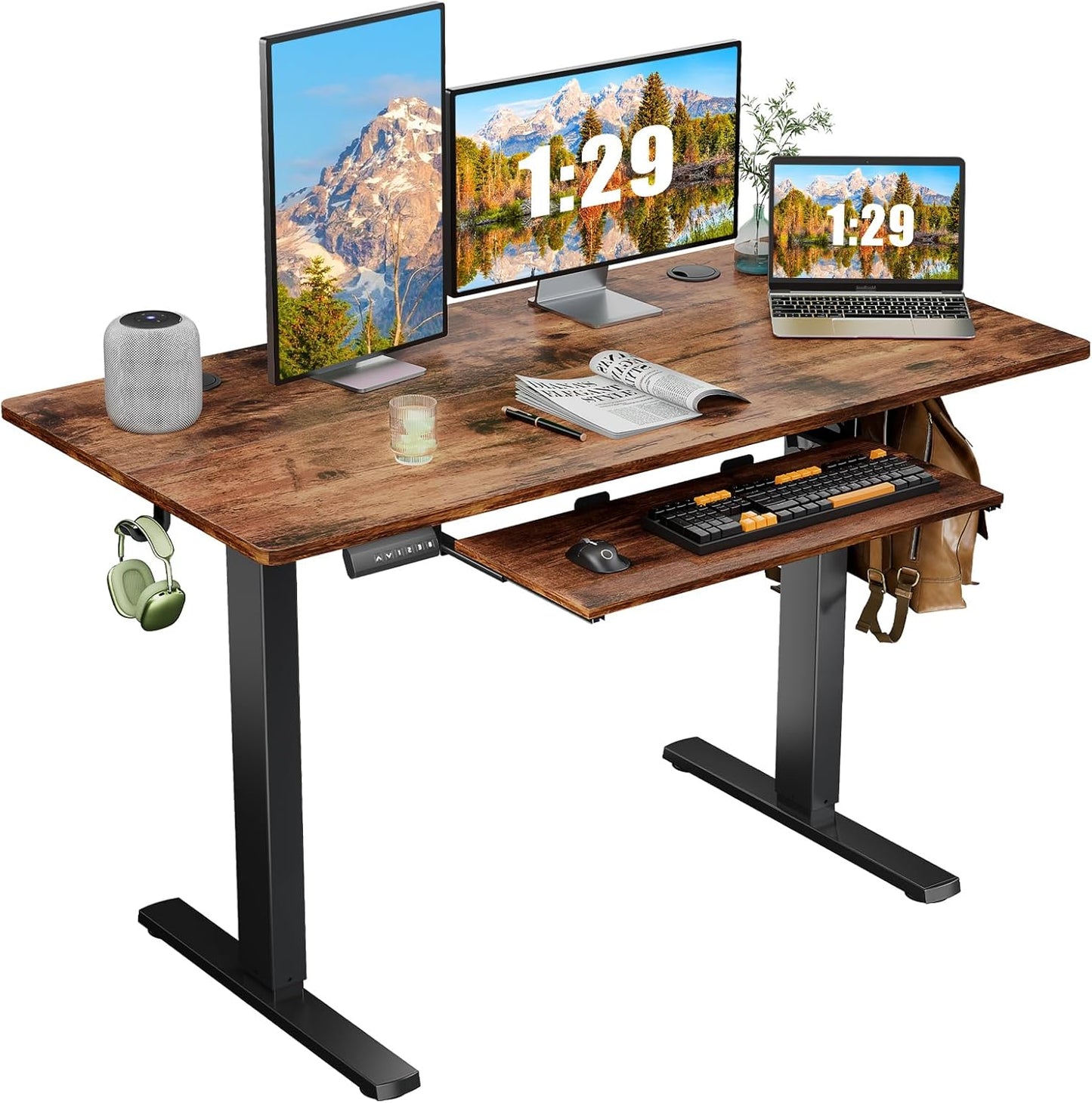 Skiennix Electric Standing Desk - Height Adjustable Ergonomic Workstation with Drawer | 48" x 24" Black Frame/Brown Desktop