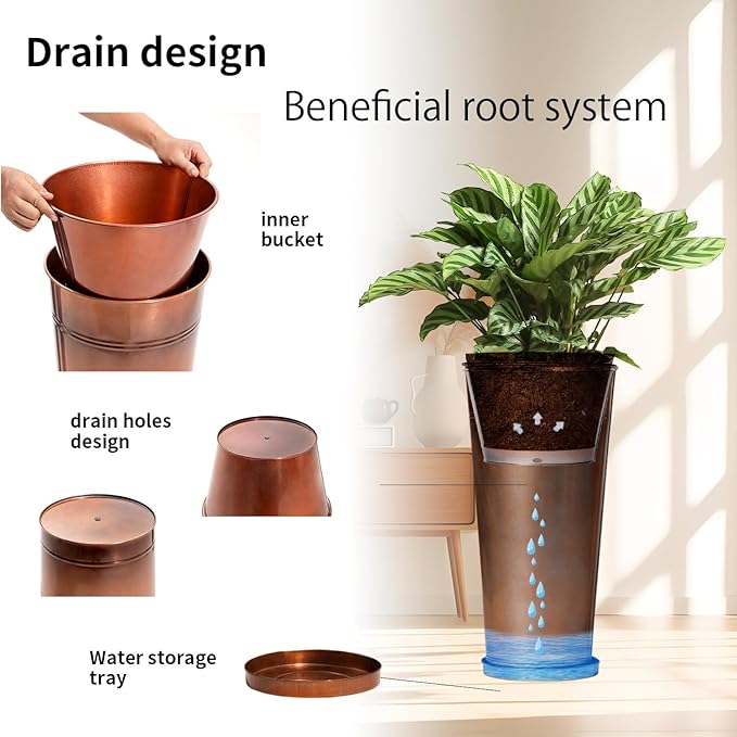 28in Tall Copper Planters Set of 2,Galvanized Steel Tall Outdoor Planter for Indoor/porches- Copper Color(2planters,2inner pots with Holes,2trays)