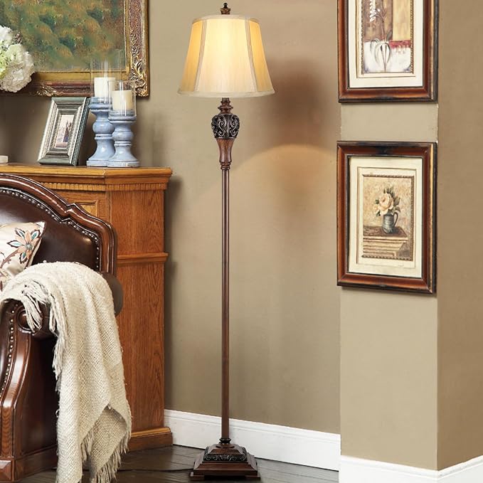 Vintage Floor Lamp for Living Room Traditional Farmhouse Tall Standing Lamp Mid-century Antique Bedroom Pole Lamp with Bell Shape Faux Silk Shade Elegant Rustic Bright Lighting for Reading Home Decor