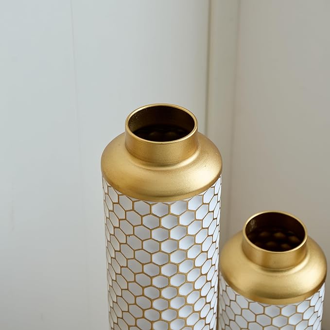 Metal Floor Vases Decorative, Set of 3 Flower Arrangement Stand, Gold＆White Hexagon Metal Floor Vases for Living Room, Bedroom & Entryway, 32.6", 28.34", 24" H (Gold＆White Hexagon)