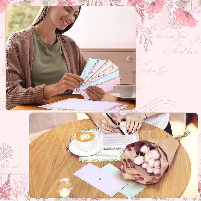 Funrous 90 Pcs Stationary Paper and Envelopes Set, Christmas 60 Sheets Floral Letter Paper and 30 Envelopes, 8.5 x 11 Inch Lined Writing Sheet for Wedding Religious Xmas Party Invitation Gift Decor