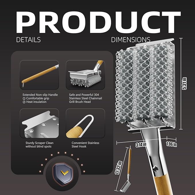 HOUSE AGAIN Grill Brush Bristle Free, 304 Stainless Steel Food-Grade Brush Head with Scraper, Safe BBQ Outdoor Grill Cleaning Brush Strong Barbecue Brush Cleaner Non Wire for Grill Grate/Wooden Handle
