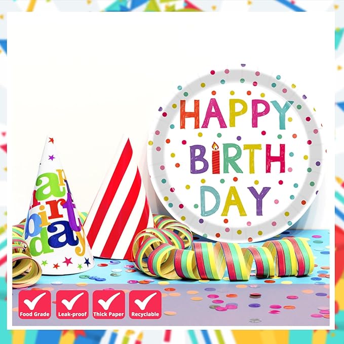 T-Antrix 40 Pcs Birthday Plates And Napkins Party Supplies, Disposable Happy Birthday Dots Design Paper Tableware Set Party Decoration Serves 20