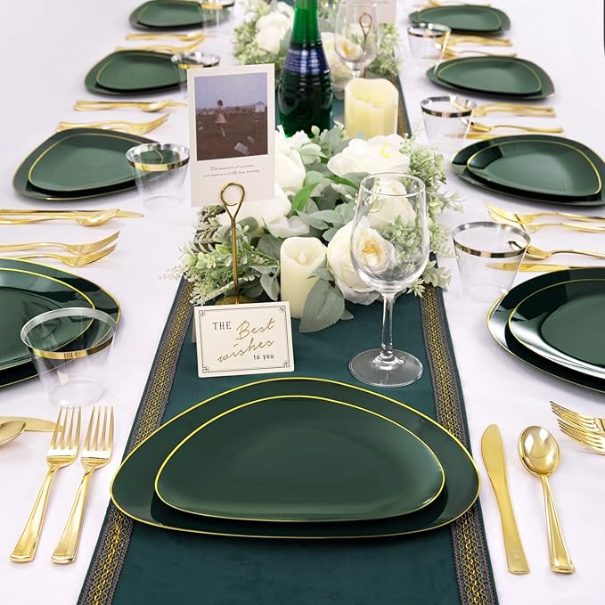DaYammi 180Pcs Green Plastic Plates, Green Gold Disposable Plates with Gold Silverware Dinnerware Set Include: 30 Dinner Plate,30 Dessert Plate,90 Plastic Cutlery,30 Cups for Christmas Party Holiday