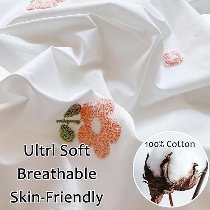 MorroMorn Twin Duvet Cover Cotton, 3D Embroidery Twin Bedding Sets, Cute Chenille Embroidered Comforter Covers Summer Blanket Soft Dry Sweat-Absorb for Girls Kids Teen (Flowers White, Twin/Twin XL)