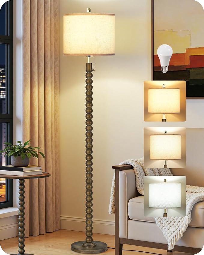 65" Oak Wood Floor Lamps for Living Room with Pull Chain Switch, Adjustable Color Temperatures, Vintage Farmhouse Floor Lamp, Tall Standing Lamp for Bedroom, Entryway, Rustic Brown FE28LD05