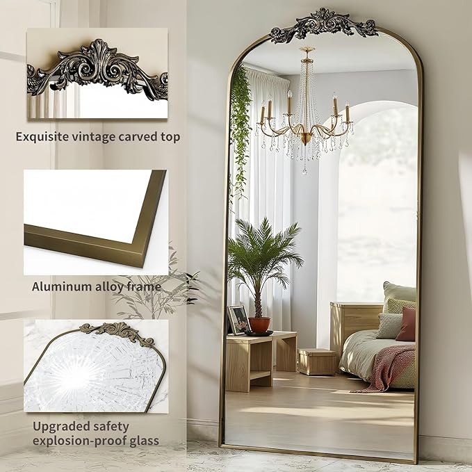 Dewfig Arched Full Length Mirror, 71"x28" Full Body Mirrors with Carved, Floor Mirror for HomeDecor, Standing/Halling Large Wall Mirror for Bedroom, Living Room, Cloakroom, Bronze, Retro Style