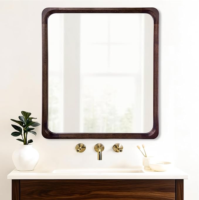 Tanmicoshomy Wood Bathroom Mirror 30 x 30 Inch, Solid Wood Framed Rectangle Mirrors with Shatter-Proof Glass for Living Room Bedroom or Entryway(Dark Brown)