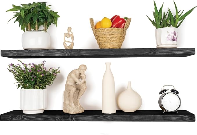 BGMG Wood Floating Shelves 48 Inch, Set of 2, Wide Rustic Wooden Wall Shelves for Bathroom Living Room Bedroom Kitchen Farmhouse - 48x 6.7 x1.25 Inch - Black