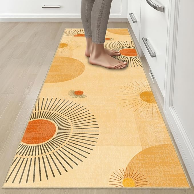 Sun Runner Rug 2x6 for Hallway Kitchen Bedroom,Mid Century Modern Runner Rugs Washable Boho Geometric Rug Non-Slip Printed Low Pile Long Floor Carpet Mat for Bedroom Laundry,Yellow