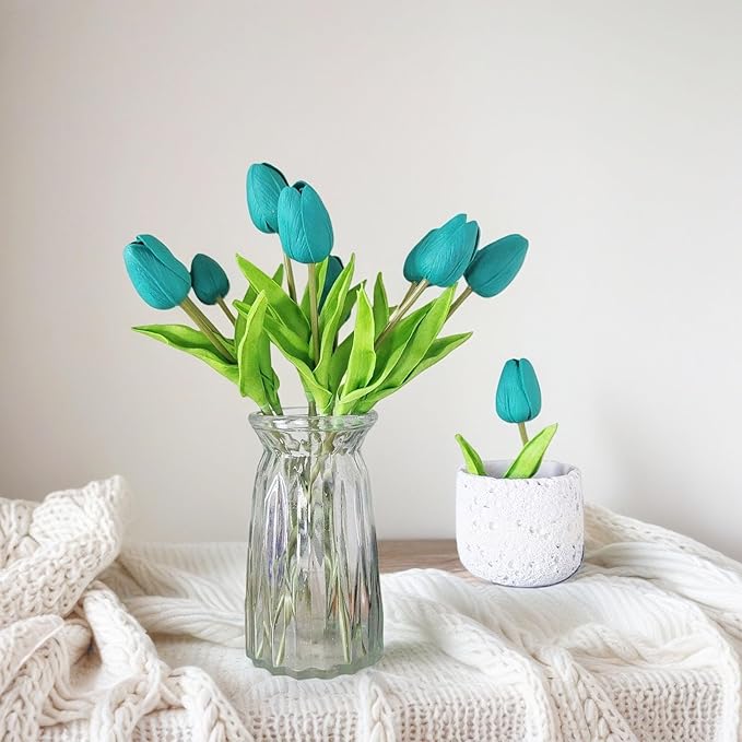 Artificial Flowers 10 Heads Mini Real Touch Artificial Tulip for Home Wedding Party Centerpiece Decoration (Dark Teal)