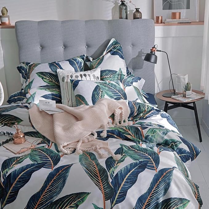 VM VOUGEMARKET King Duvet Cover Set Tropical Leaves Bedding Set,3 Piece Egyptian Cotton Green Quilt Cover with Zipper Closure,Reversible Vintage Printed Luxury Bedding Set-Tropical Leaf,King