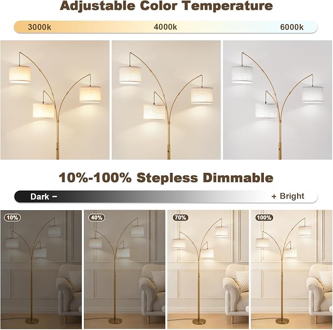 Netin Gold Floor Lamp, Arc Floor Lamps for Living Room Bright Lighting, 3 Light Dimmable Floor Lamp with Remote Control, 3 Color Temperature, Tree Floor Lamp for Bedroom Office