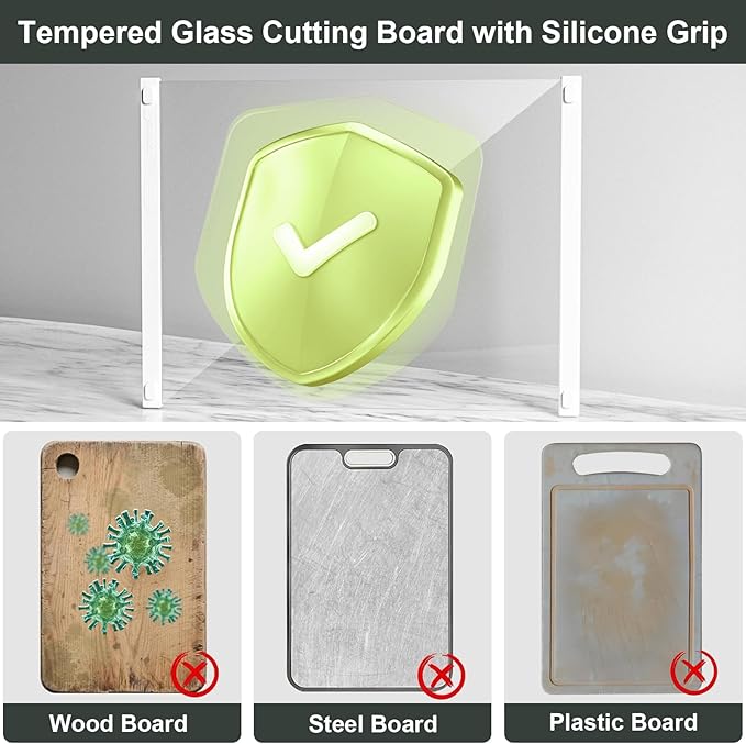 2PCS Glass Cutting Board with Silicone Grip, 80% Stronger Shatter Resistance and Slip Resistance,No Scratches/Microplastic-Free,Dishwasher Safe, Non Toxic Chopping Board for Kitchen (White)