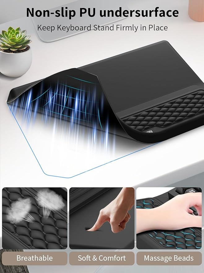 3-in-1 Ergonomic Keyboard Stand with Wrist Rest & Mouse Pad Set, Comfy Keyboard Riser Holder Soft Mousepad with Massage Design, Memory Foam and Non-Slip PU Base for Pain Relief, Black