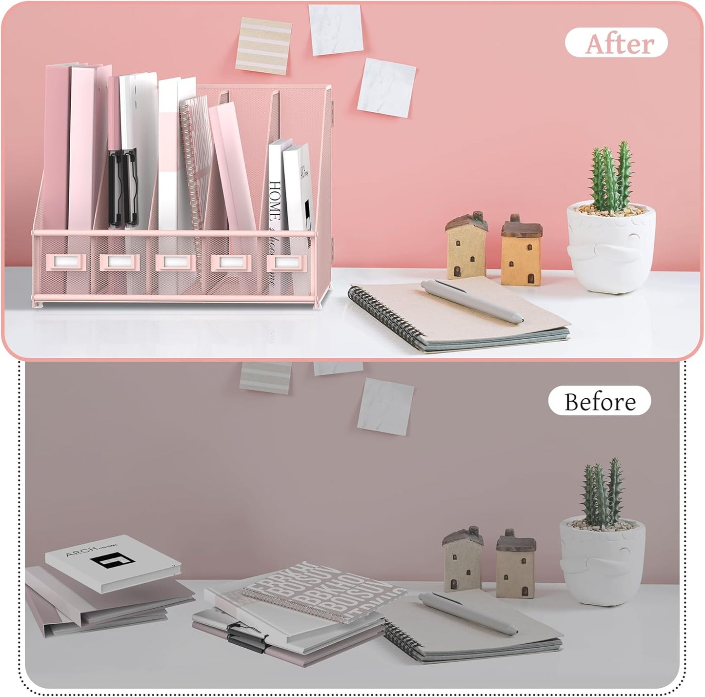 SUPEASY Desk Organizer - Metal Magazine File Holder with 5 Vertical Compartments | Pink for Office & Home