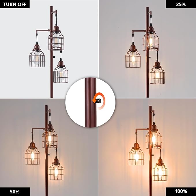 9MMML Floor Lamp for Living Room, Farmhouse Industrial Dimmable Floor lamp, 3 Lights Metal Cage Tree Standing Lamp,68", 3Pcs LED Bulbs Included