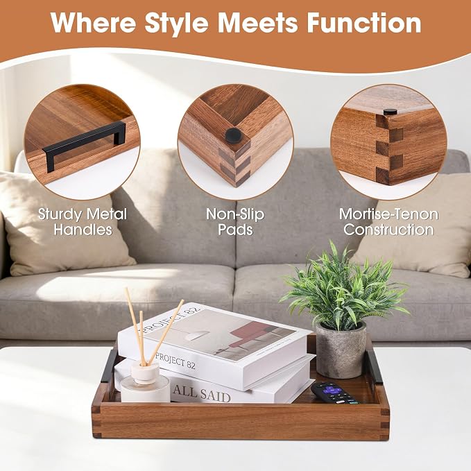 Large Ottoman Tray for Living Room and Coffee Table, Decorative Acacia Wood Serving Tray with Metal Handles for Breakfast in Bed, Dinner Food Kitchen TV (Natural, 17" x 13" x 2")