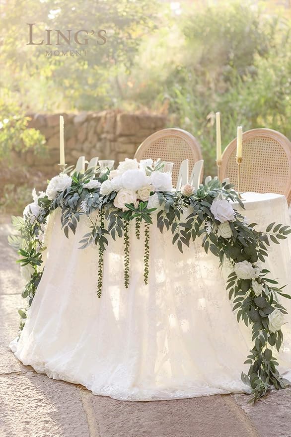 Ling's moment 9FT Spring Flower Garland for Backdrop Decorations - Wedding Arch Flowers, Eucalyptus & Rose, Artificial Floral Garland for Mantel - Sweetheart Table Decor for Reception, White & Sage