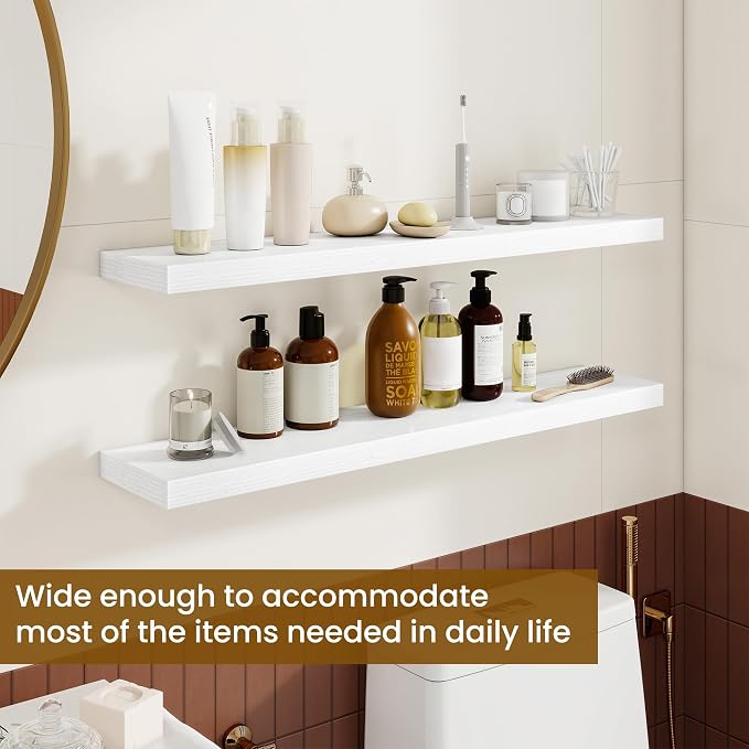 Dreamland 36Inch Floating Shelves for Wall, Rustic Wooden White Floating Shelves for Bathroom|Bedroom|Kitchen, Deep Wall Mounted Book Shelf, Wood Storage Display Shelf for Home Decor, Set of 2