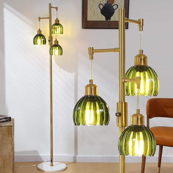 Dimmable Gold Floor Lamp,3-Light Vintage Retro Tree Floor Lamp,Farmhouse Standing Lamp with 3 Elegant Glass Green Flower lampshades for Living Room Bedroom (Brass Gold)