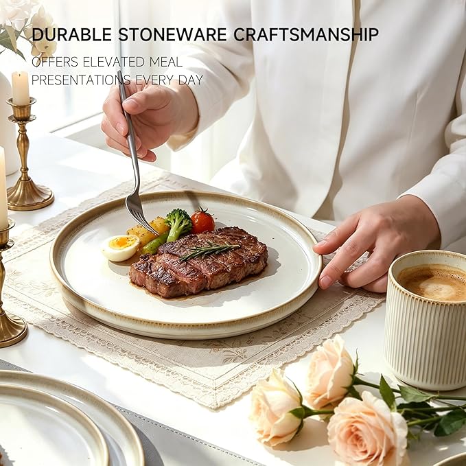 MONITO Ceramic Dinnerware Sets for 6, 18PCS Stoneware Plates and Bowls Sets, Reactive Glaze Dish Set, Chip and Scratch Resistant Double, Microwave and Dishwasher Safe, Beige