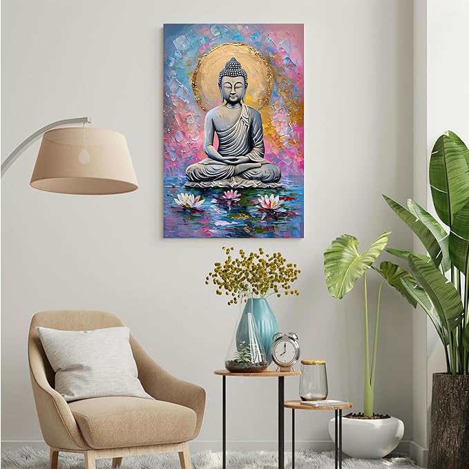 Lotus and golden Buddha meditation tranquil zen wall art mindfulness wall art for spiritual harmony and tranquility decor 12x18in Frameless