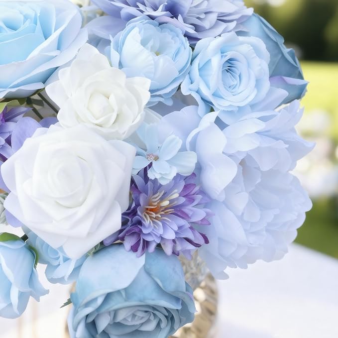 SwanMoon Artificial Flowers Combo Box Set, 26pcs Blue Silk Roses & Daisy with Stems for DIY Wedding Bouquets, Party Centerpieces & Home Decor