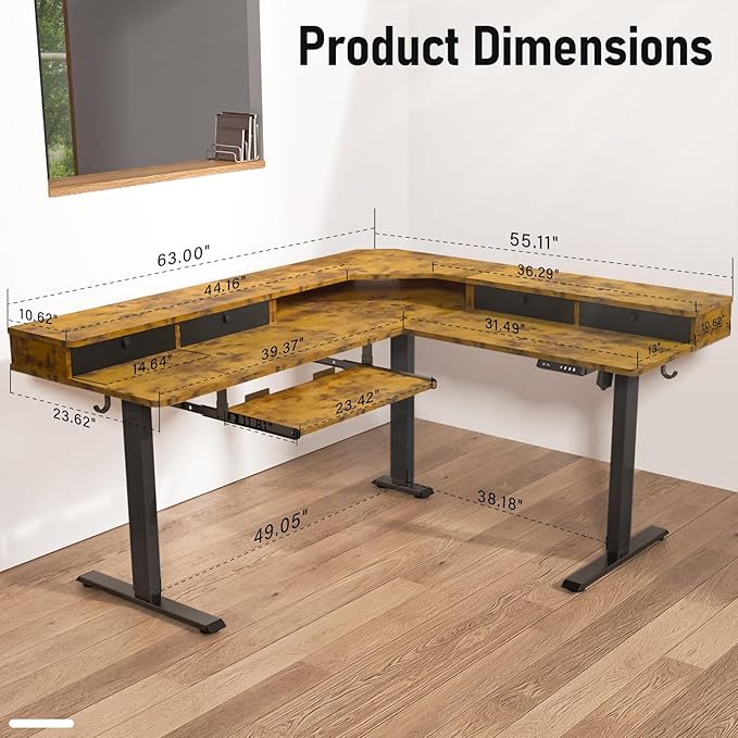 63 x 55 inch L Shaped Standing Desk with 4 Drawers & USB Charging Port, Electric Adjustable Height Corner Stand Up Desk with Keyboard Tray, Rustic Brown