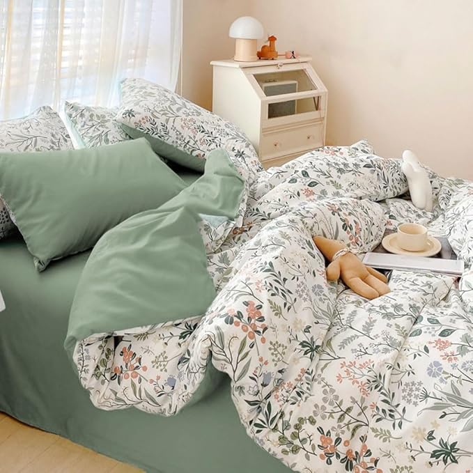 EAVD Vintage Style Garden Floral Duvet Cover Twin Girls Soft Cotton Chic Shabby Colorful Leaves Floral Bedding Set with 2 Pillowcases Fresh Botanical Duvet Cover with Zipper Closure