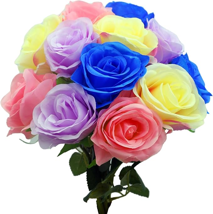 12 PCS Rose Artificial Silk Flowers, Fake Roses with Long Stems Realistic Faux Rose Flower Bouquets for Home Wedding Decoration Party-Mix Color