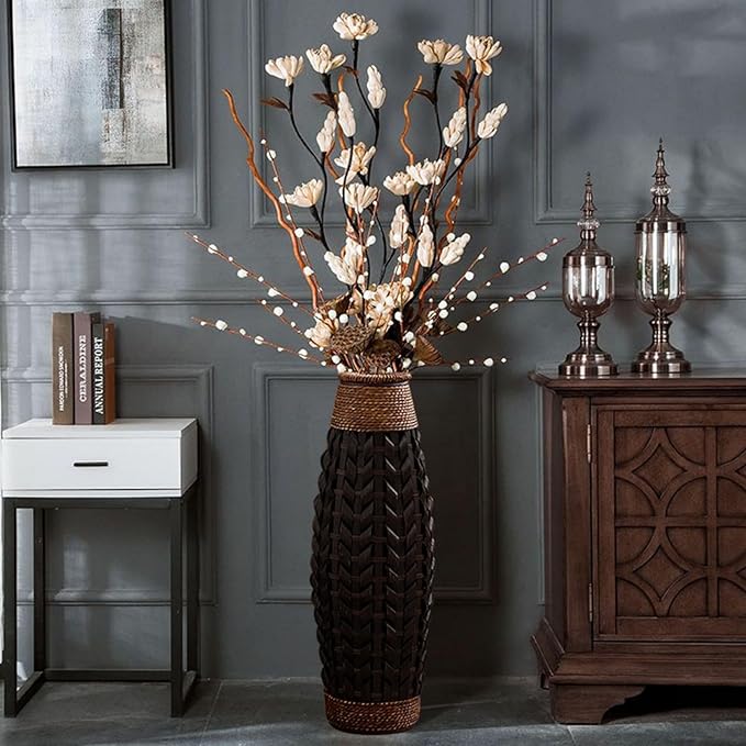 28.9''H Rustic Tall Woven Bamboo & Rattan Floor Vase – Decorative Standing Accent Vase for Dried or Silk Flowers, Farmhouse & Boho Home Decor for Living Room or Entryway (Black & Brown, Large)