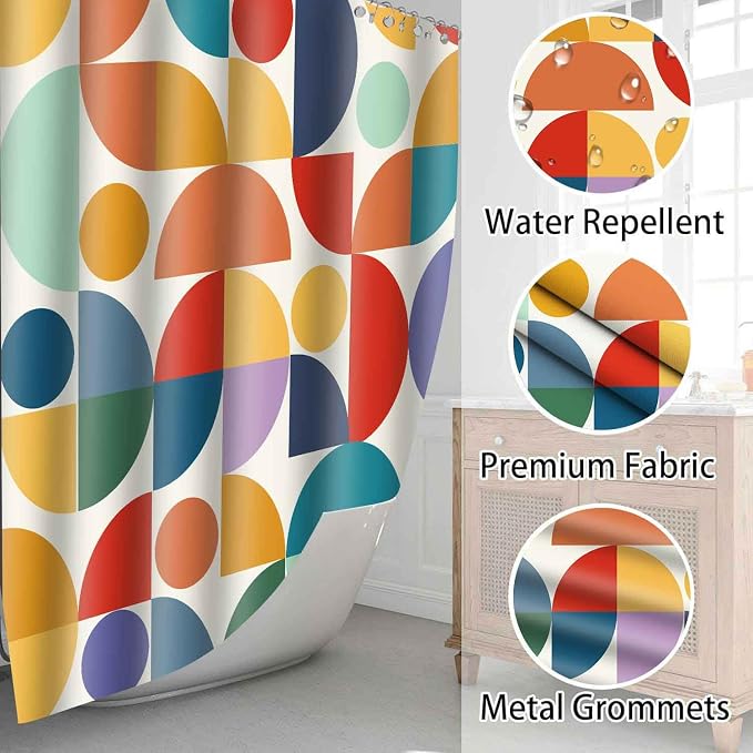 Vintage Colorful Rainbow Mid Century Shower Curtain Modern Abstract Geometric Art Bathroom Curtain Decor 60x72 Inch Washable Fabric Bright Retro Boho Circle Patterned Bath Curtain with 10 Hooks