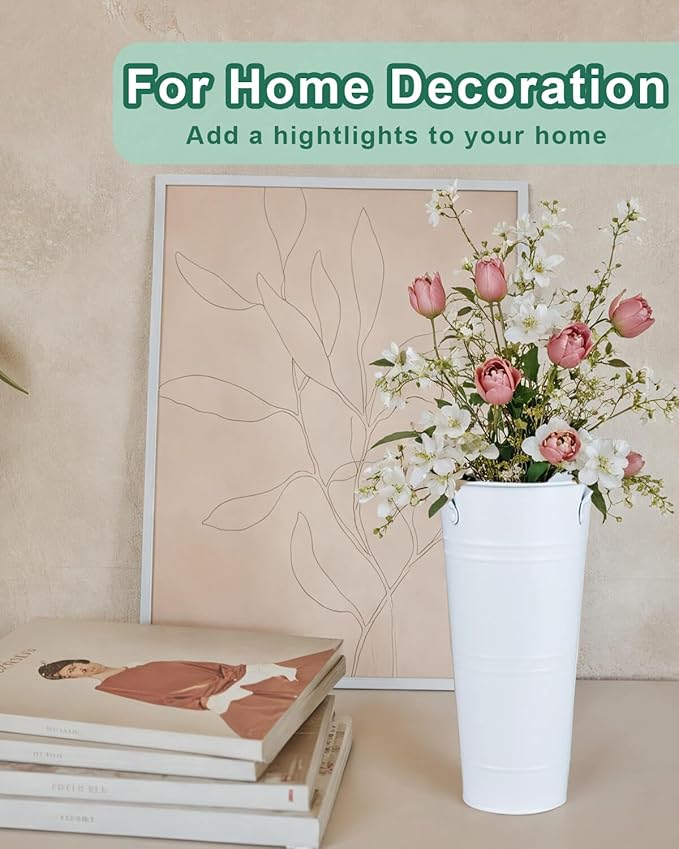 9 Inch Galvanized Metal Vases for Flowers - 6 Pcs Farmhouse Decorative Tall Flower Bucket with Handles, Rustic French Tin Planter Buckets for Wedding Decor (Pure White)