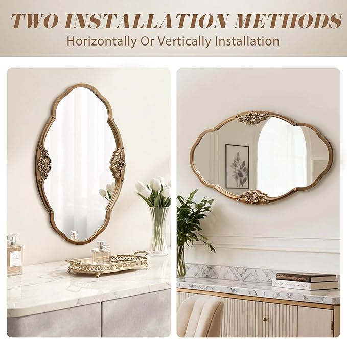 Besdomus Vintage Gold Wall Mirror: 33"x19.5" Baroque Antique Mirror - Vertical or Horizontal Hanging for Entryway/Bathroom/Living Room Wall Mounted - Ideal for Home Decor Enthusiast