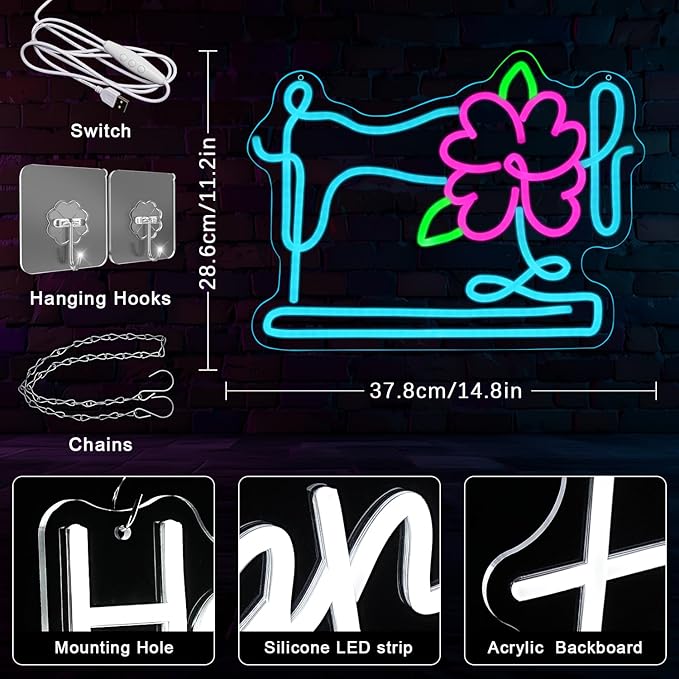 Floral Sewing Machine Neon Sign for Wall Decor Colorful Floral Led Sign Tailor Sewing Machine Led Light Flower Neon Light for Bedroom Girl's Room Sewing Room Tailor Shop Craft Room Flower Shop