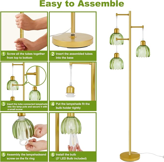 Tree Floor Lamp with 3 Light Bulbs, Vintage 3 Heads Flower Floor Lamp, Tall Gold Vintage Lamps with Brass Base Foot Switch, Boho Standing Lamps for Living Room with Green Glass Flower Shades