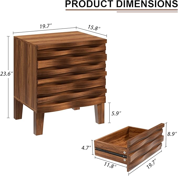 UEV Solid Wood Nightstand, 19.7" W Boho Nightstand with 2 Drawers, Fluted Wood Night Stand, Mid Century Modern Bed Side Table for Bedroom,Living Room, Natural Wood