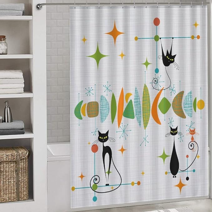 Mid Century Modern Shower Curtain, Retro Geometric Atomic Abstract Black Cat Pattern Middle Century 1950s 1960s Colorful Waterproof Fabric Bathroom Shower Curtain Set with Hooks, 72"x84" Inch