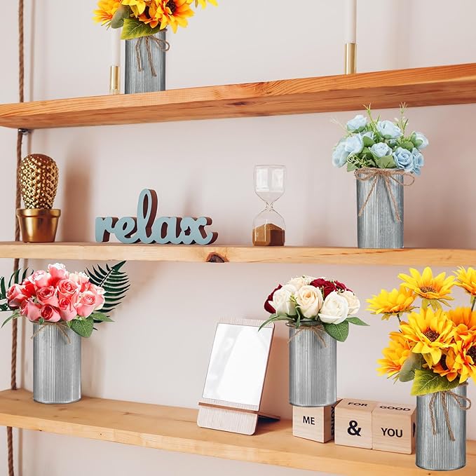 Domensi 5.91 in High Farmhouse Vase Decor Galvanized Metal Flower Vase with Twine Bow Vintage Rustic Tin Flower Buckets for Artificial Floral Table Container DIY(Iron Color,32 Pcs)