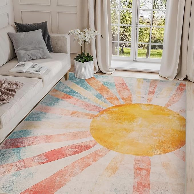 5x7 Boho Sun Area Rug Retro Orange Yellow Blue Beige Bedroom Rug Low Pile Thin Large Carpet Living Room Non Slip Dining Room Stain Resistant Office Washable Machine Classroom
