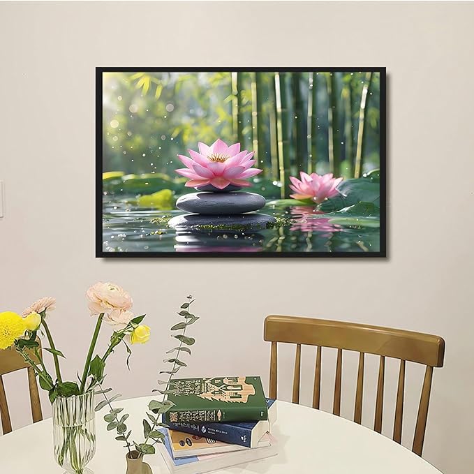 Ethereal pink lotus on obsidian Sunlit bamboo forest with sparkling water drops Poetic nature inspired wall art for tranquil homes and mindful spaces 8x12in Metal blackFramed