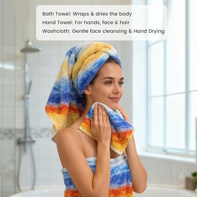 SEMAXE Bath Towel Set, 8 Piece Towel Set for Bathroom, Quick Dry Cotton Towels with Hanging Loops, Easy Care, Colorful Striped