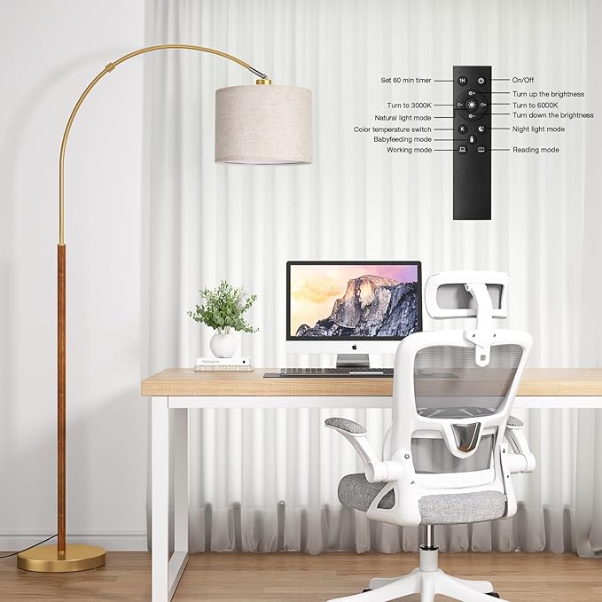 Ambimall Dimmable Arc Floor Lamp with Remote, Color Temperatures and Brightness Adjustable, Arched Floor Lamp with Rotating Head, Over Couch Arched Reading Light for Living Room (Gold and Wood Grain)