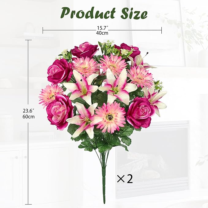 Hollyone Set of 2 Artificial Cemetery Flower for Graves Purple Pink Cemetery Memorial Flowers for Outdoor Grave Decorations Silk Flower Arrangements Rose Lily Gerbera Floral Flowers Bouquets
