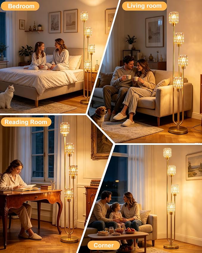 Lightdot 4-Lights Glass Floor Lamp Dimmable Gold Floor Lamps with Amber Rippled Glass Shade& Bulbs Included Unique Modern Standing Tall Lamp with 5Lbs Heavy Base for Living Room/Bedroom/Sofa Beside